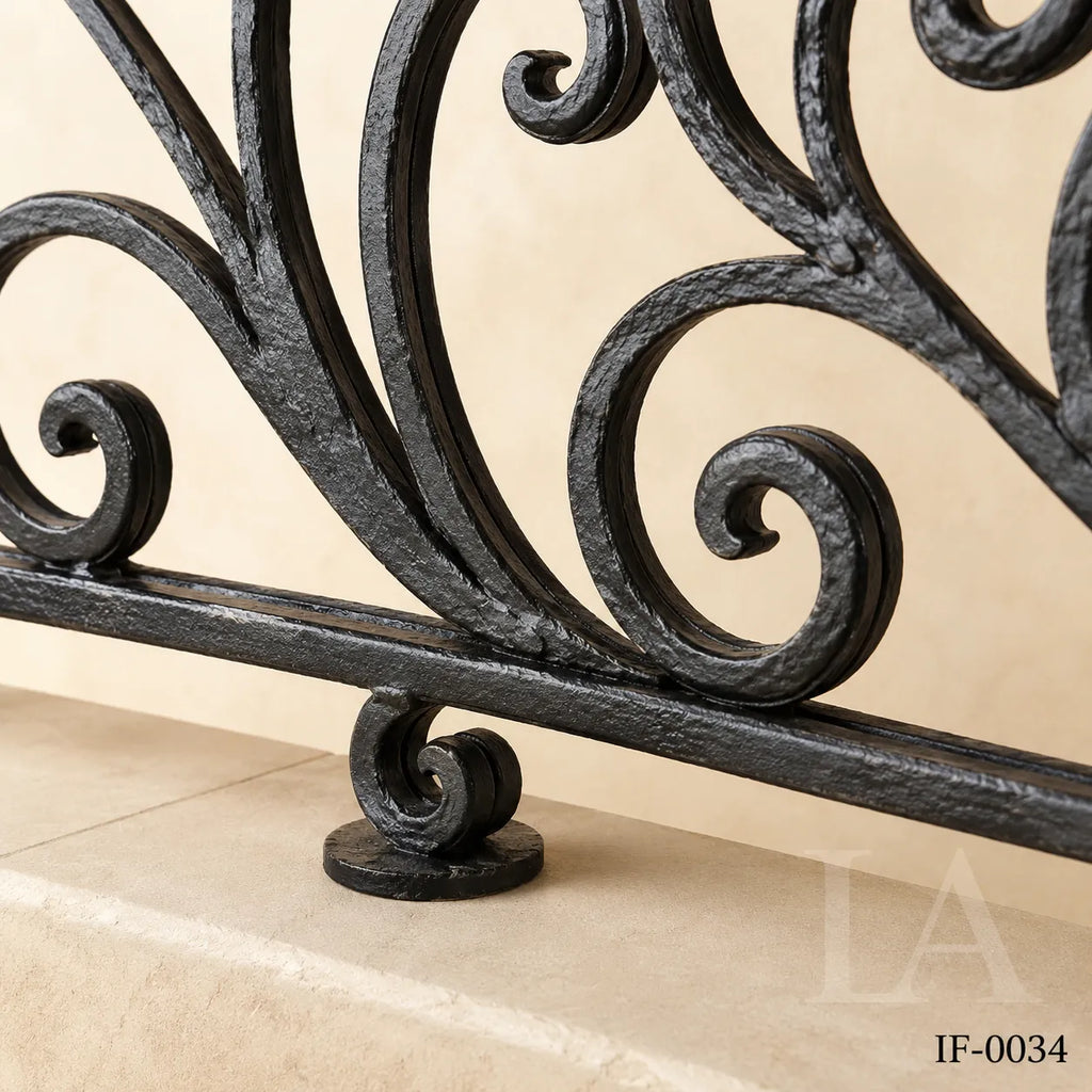 Custom Curved Wrought Iron Balcony Railing with Classical Scrollwork