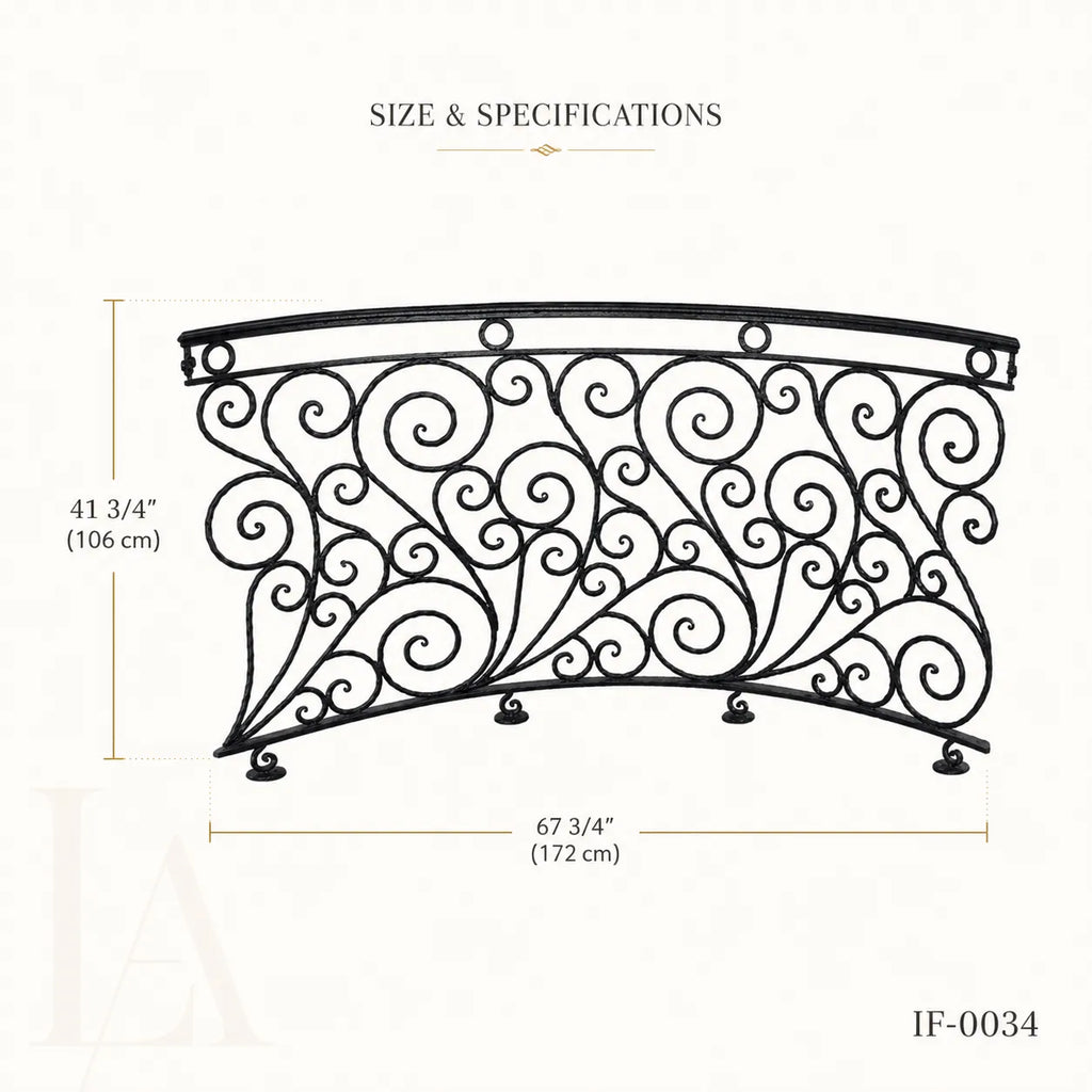 Custom Curved Wrought Iron Balcony Railing with Classical Scrollwork