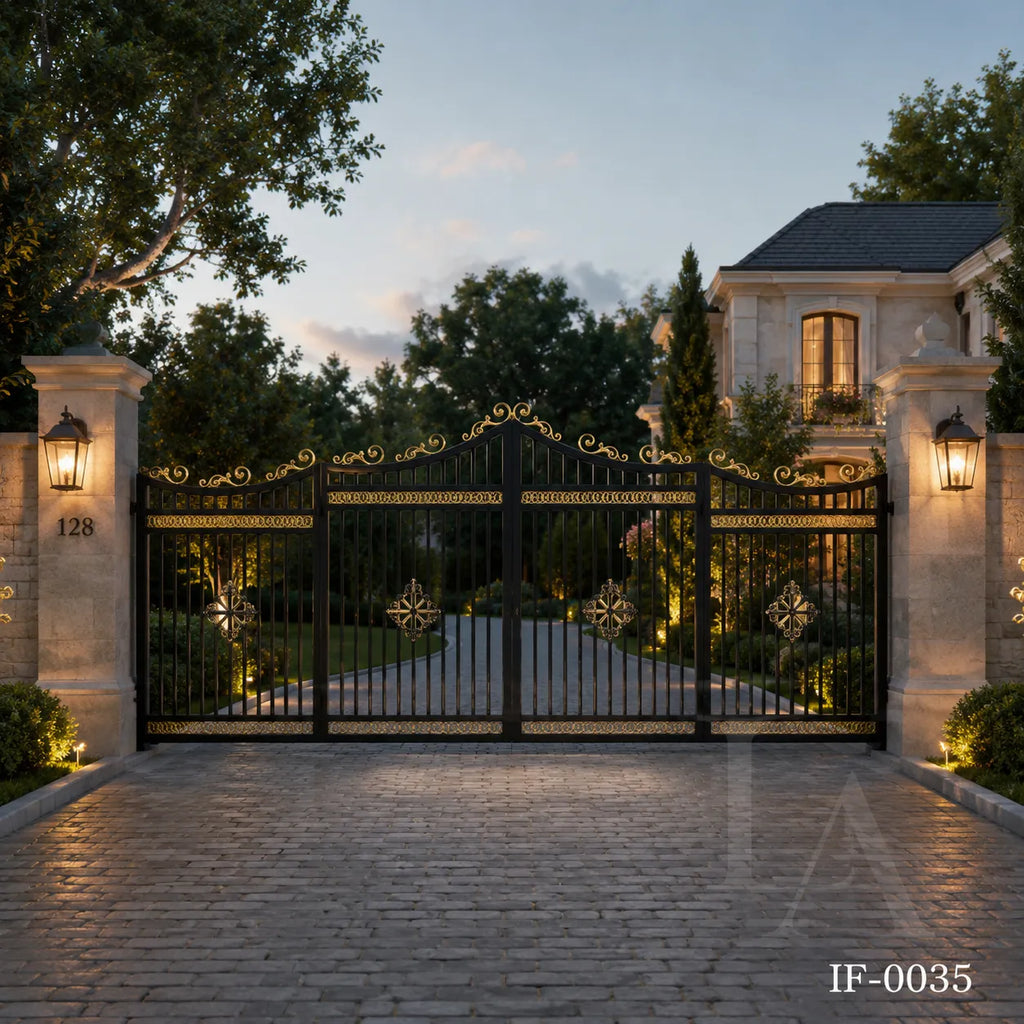 Custom Luxury Wrought Iron Estate Driveway Gate with Decorative Crest Design