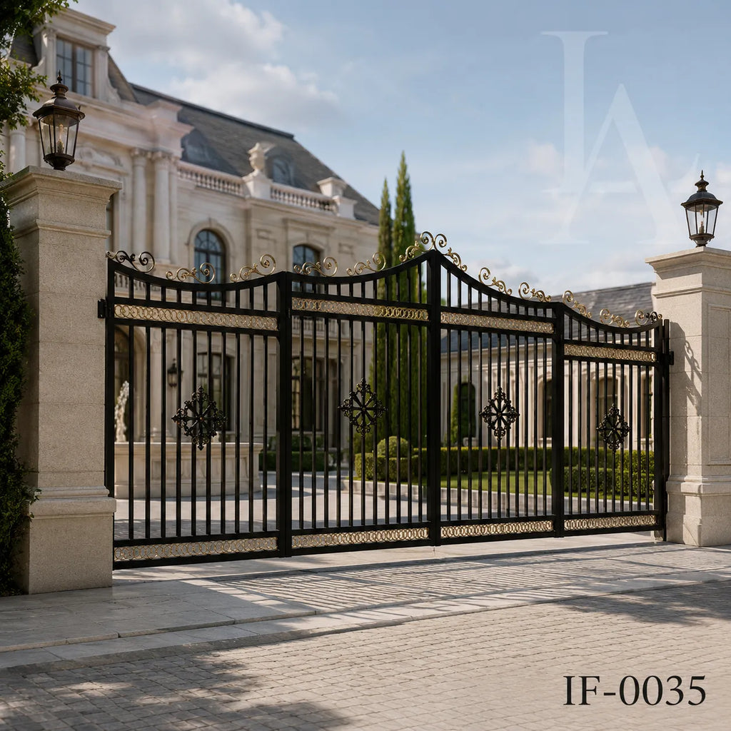 Custom Luxury Wrought Iron Estate Driveway Gate with Decorative Crest Design