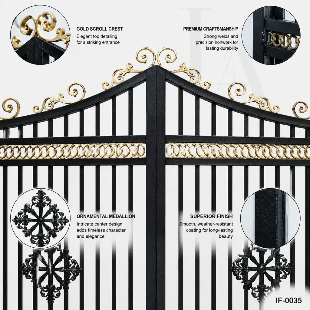 Custom Luxury Wrought Iron Estate Driveway Gate with Decorative Crest Design