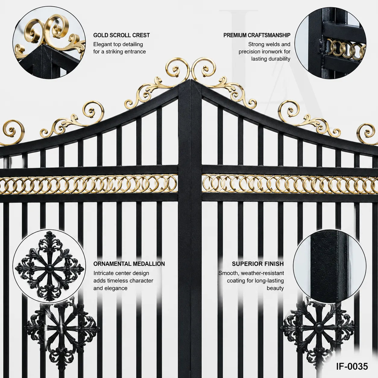 Custom Luxury Wrought Iron Estate Driveway Gate with Decorative Crest Design