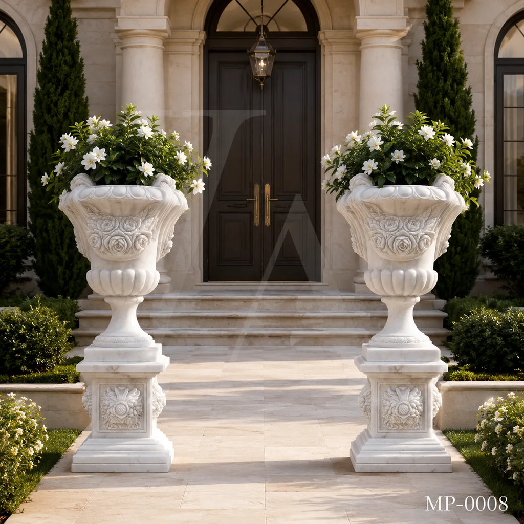 Classical White Marble Planter with Hand-Carved Rose Design