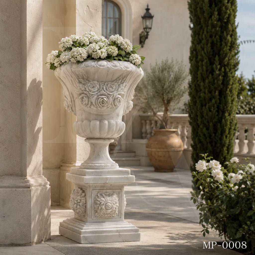 Classical White Marble Planter with Hand-Carved Rose Design