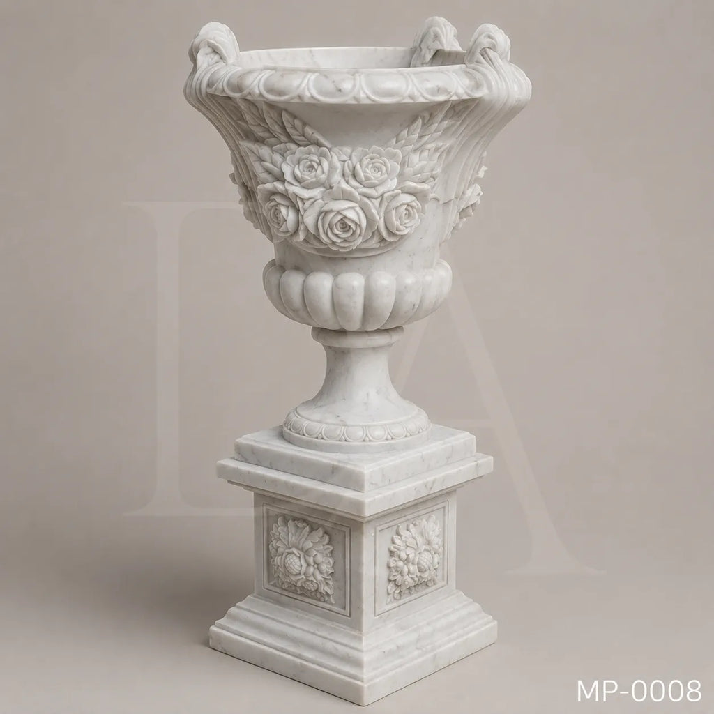 Classical White Marble Planter with Hand-Carved Rose Design