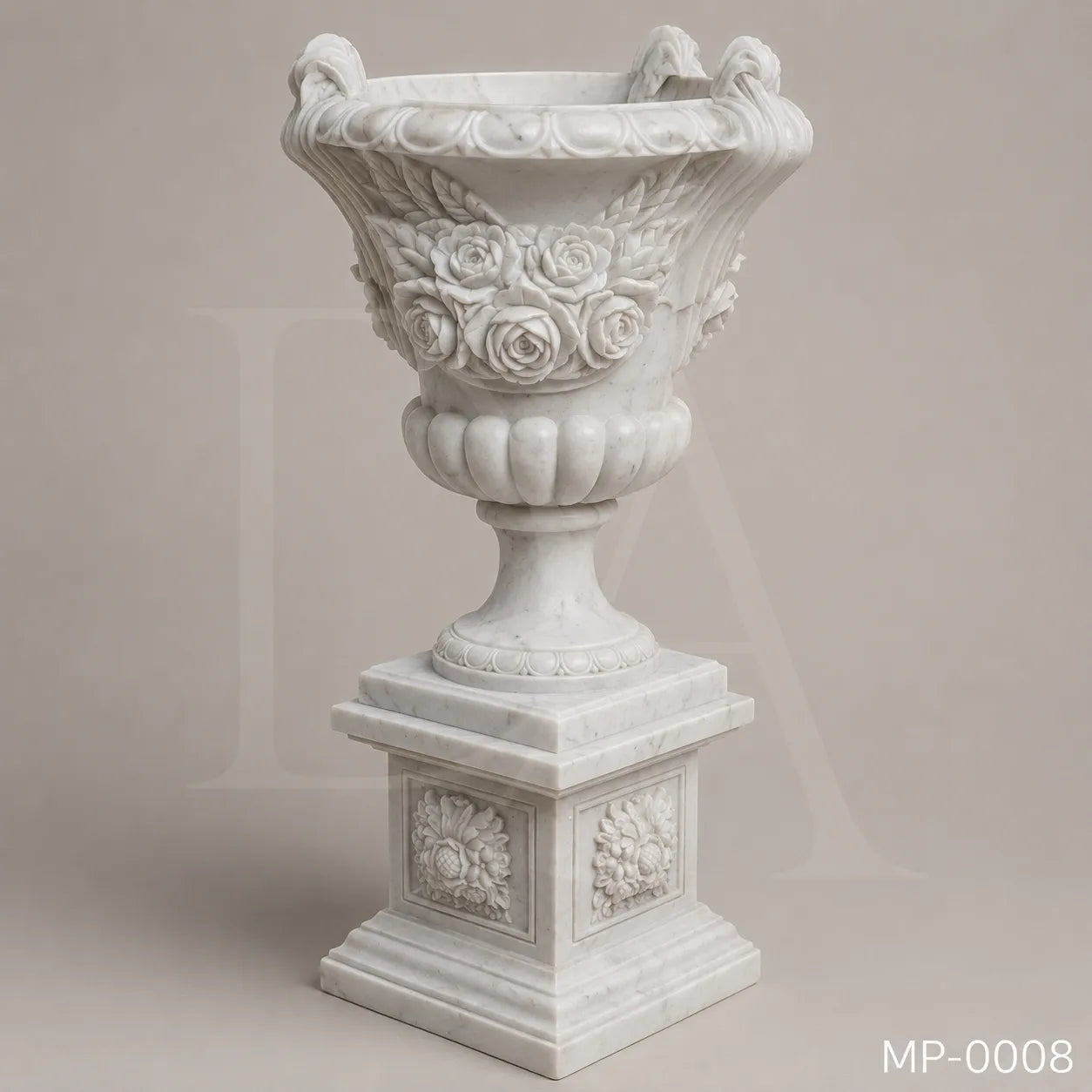 Classical White Marble Planter with Hand-Carved Rose Design
