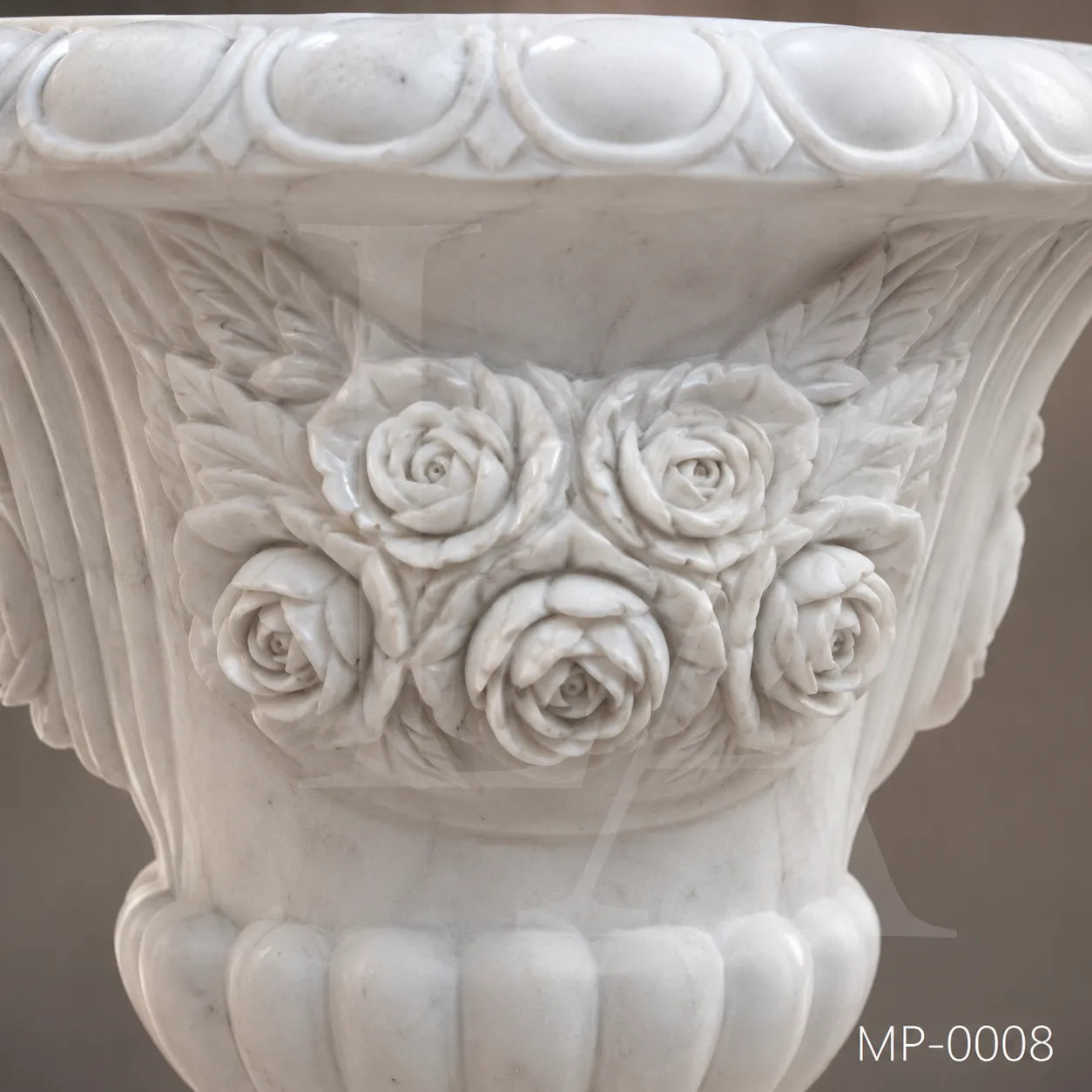 Classical White Marble Planter with Hand-Carved Rose Design