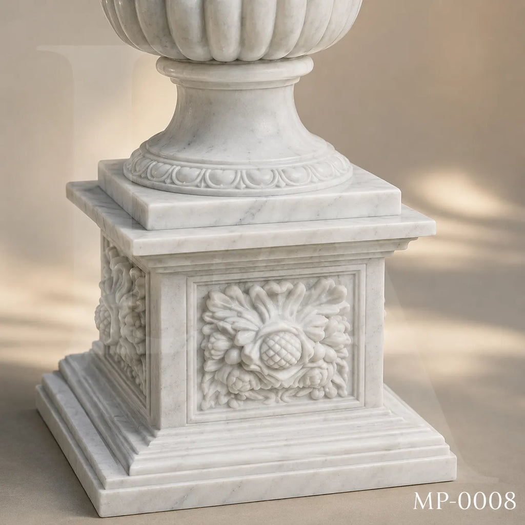 Classical White Marble Planter with Hand-Carved Rose Design