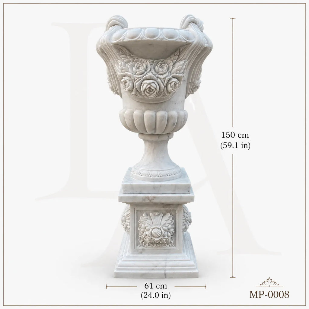 Classical White Marble Planter with Hand-Carved Rose Design