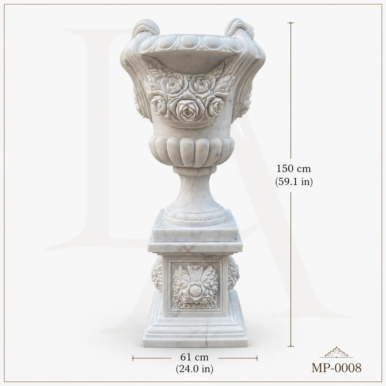Classical White Marble Planter with Hand-Carved Rose Design