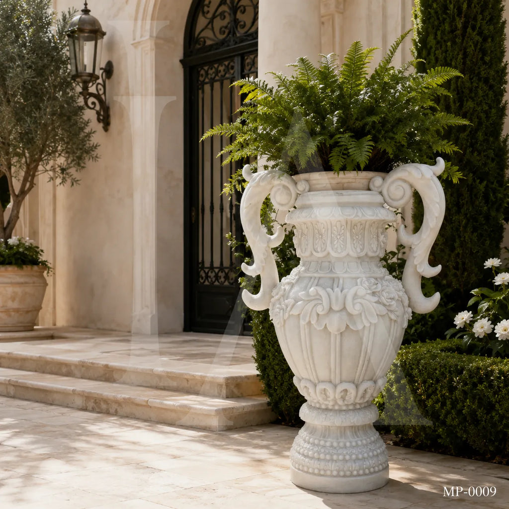 Luxury White Marble Garden Urn Planter with Hand-Carved Scroll Handles