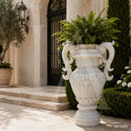 Luxury White Marble Garden Urn Planter with Hand-Carved Scroll Handles