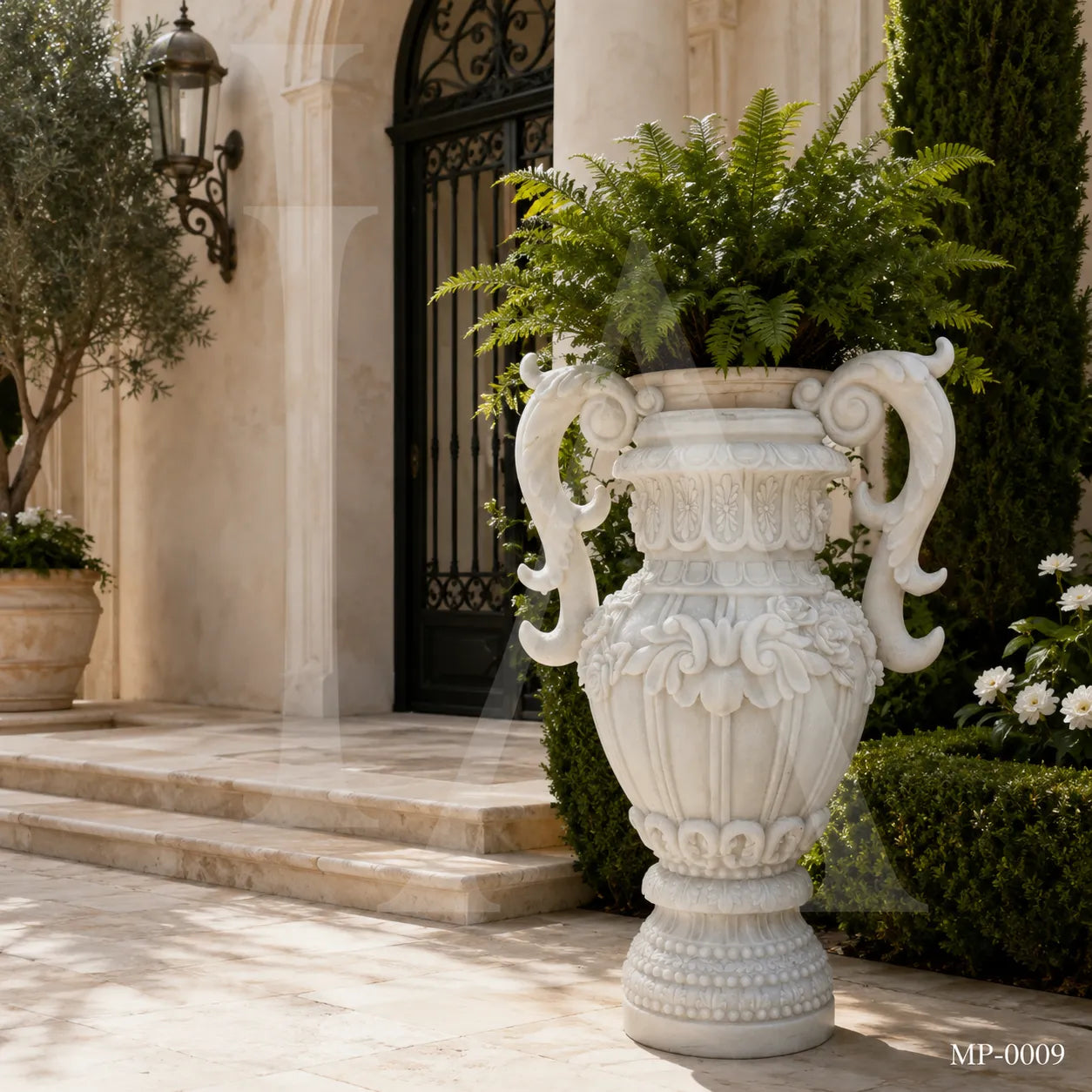 Luxury White Marble Garden Urn Planter with Hand-Carved Scroll Handles