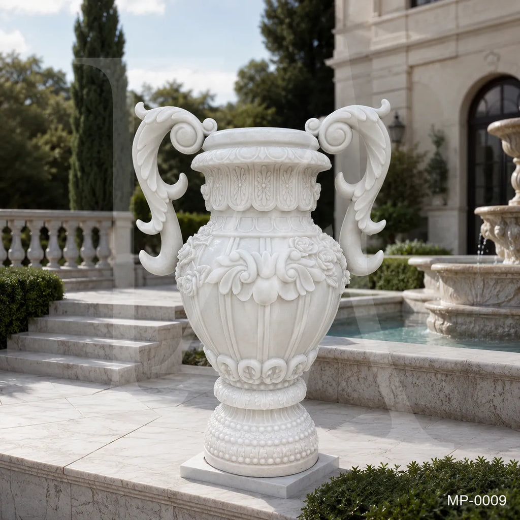 Luxury White Marble Garden Urn Planter with Hand-Carved Scroll Handles