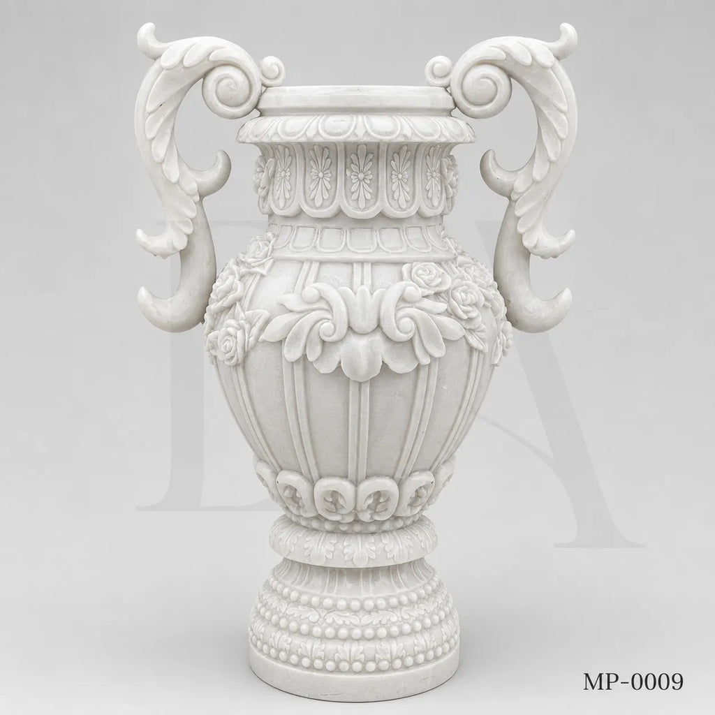 Luxury White Marble Garden Urn Planter with Hand-Carved Scroll Handles
