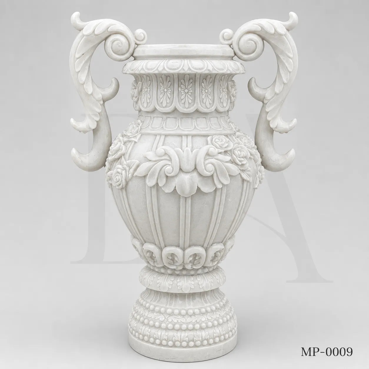 Luxury White Marble Garden Urn Planter with Hand-Carved Scroll Handles