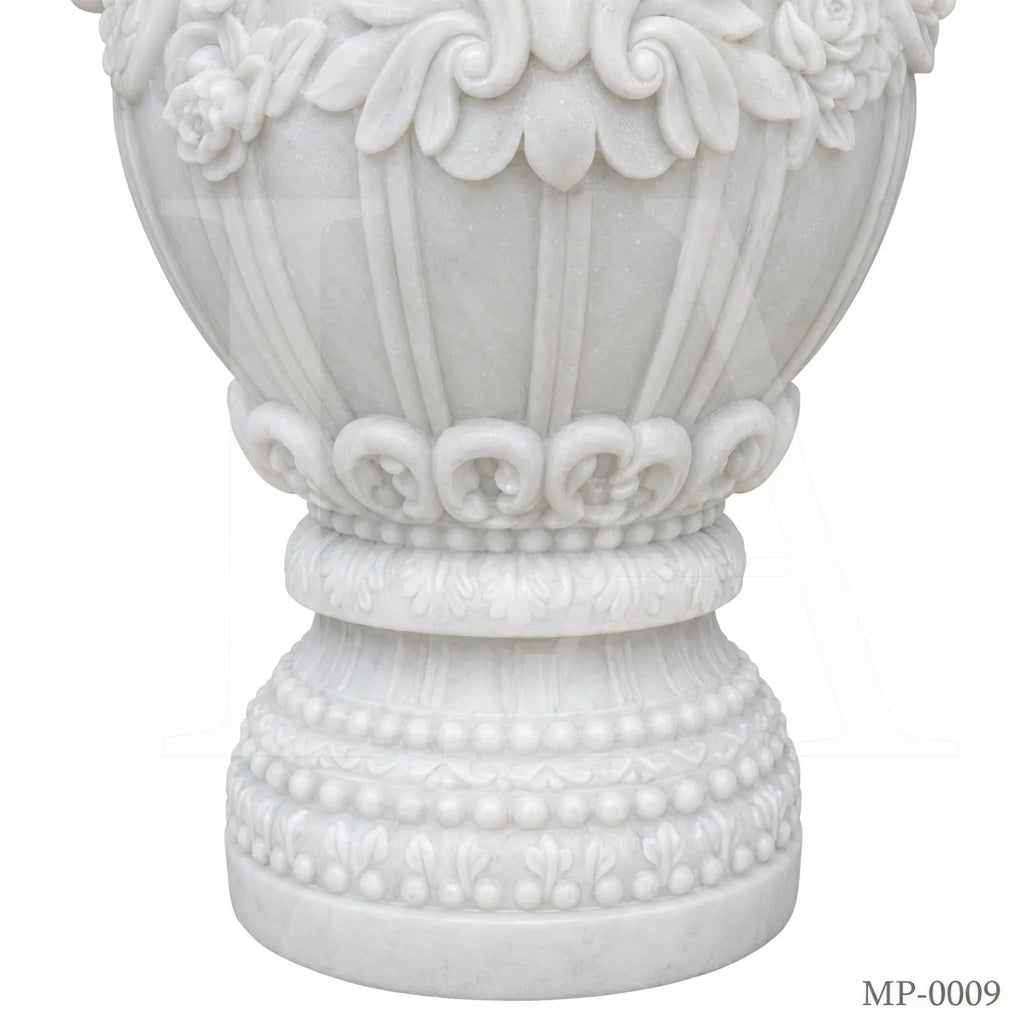 Luxury White Marble Garden Urn Planter with Hand-Carved Scroll Handles