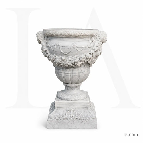 Classical White Marble Garden Urn Planter with Floral Garland Design