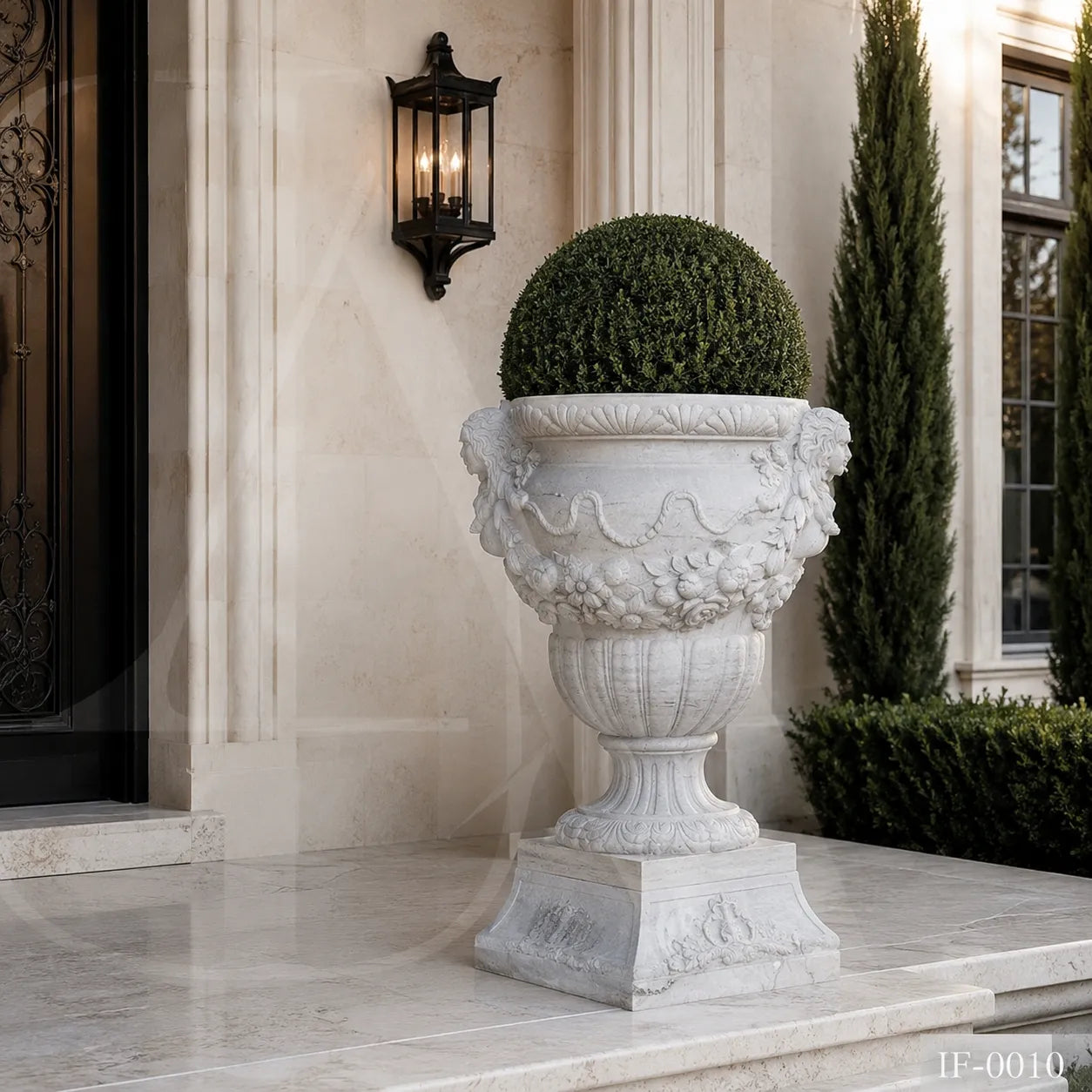 Classical White Marble Garden Urn Planter with Floral Garland Design