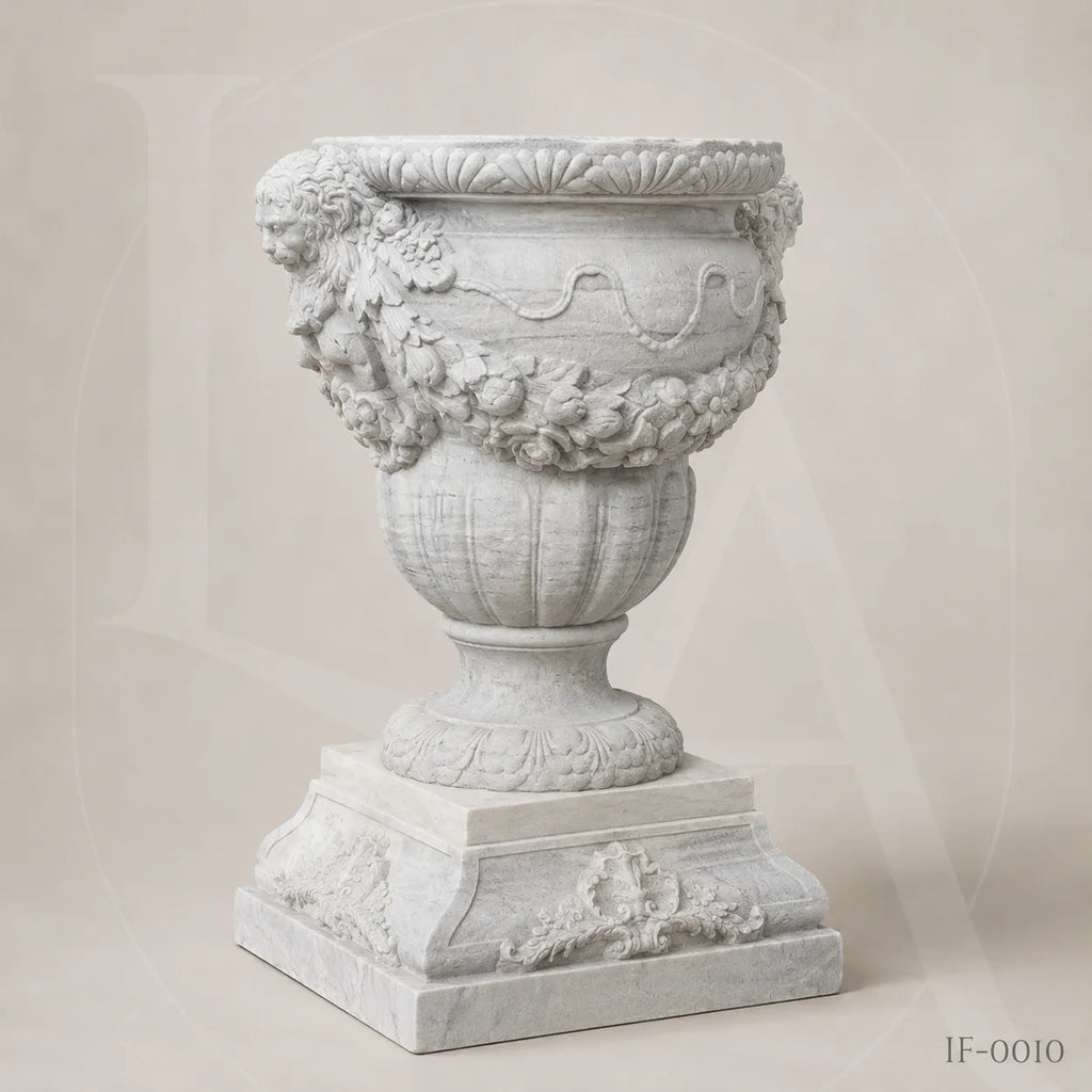 Classical White Marble Garden Urn Planter with Floral Garland Design
