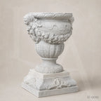 Classical White Marble Garden Urn Planter with Floral Garland Design