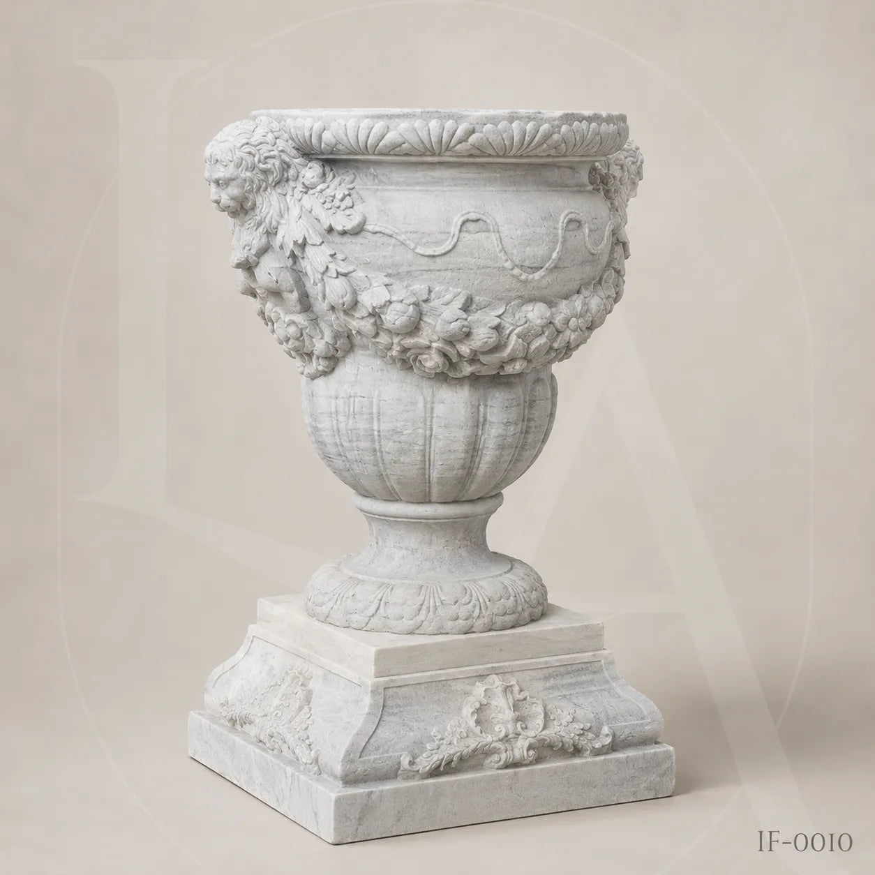 Classical White Marble Garden Urn Planter with Floral Garland Design