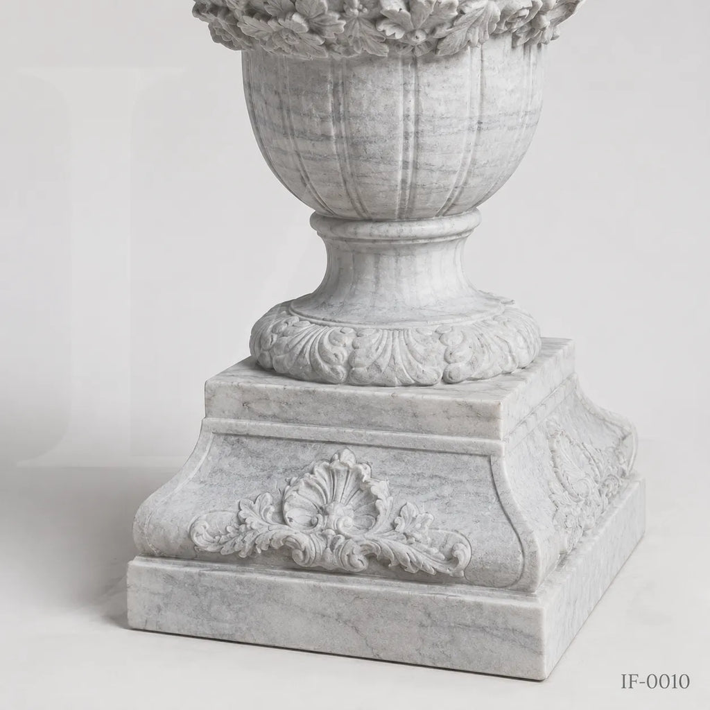 Classical White Marble Garden Urn Planter with Floral Garland Design