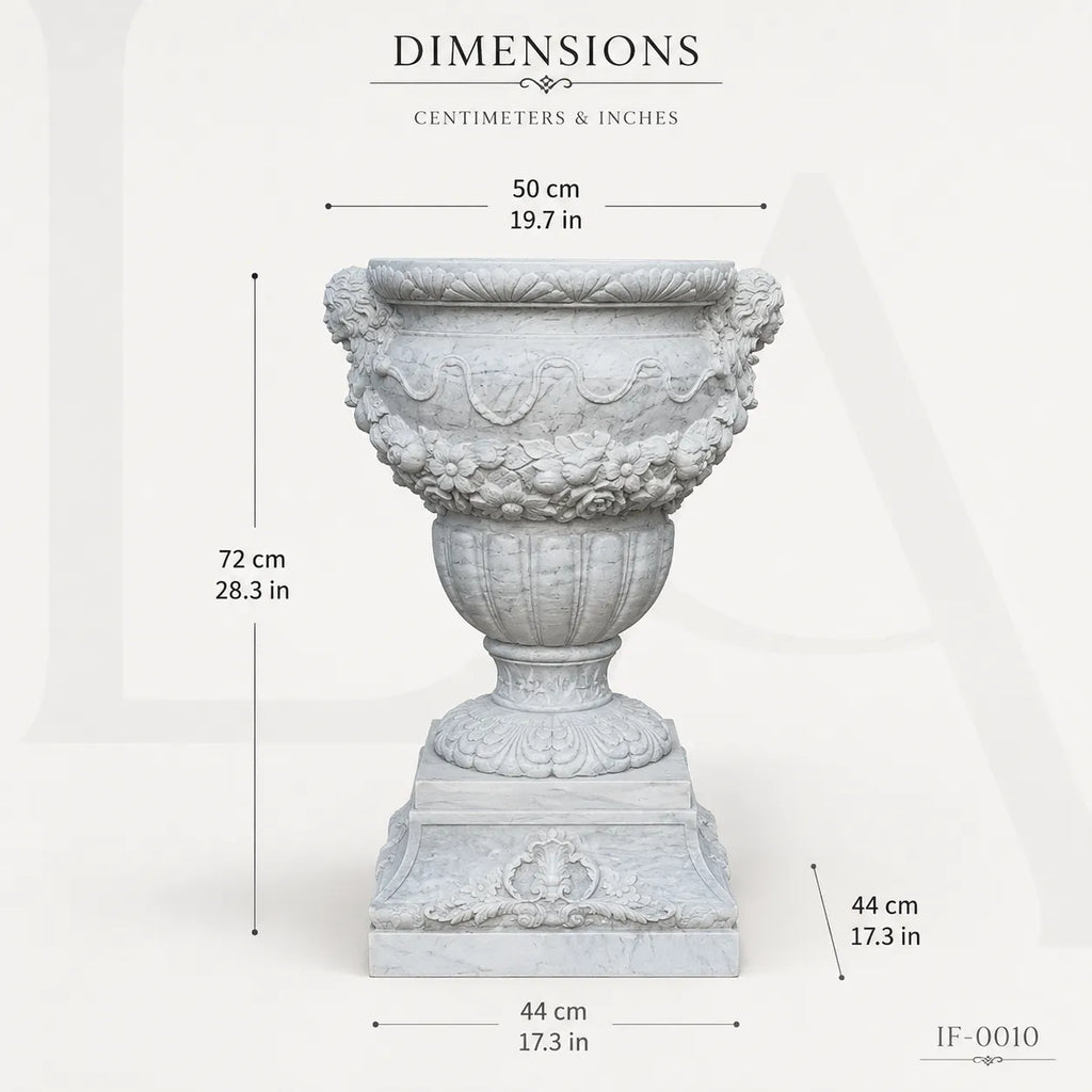 Classical White Marble Garden Urn Planter with Floral Garland Design