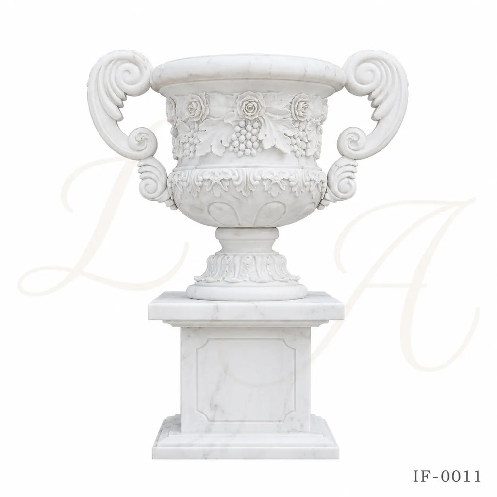 Hand-Carved White Marble Garden Urn Planter with Grape & Rose Relief