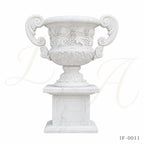Hand-Carved White Marble Garden Urn Planter with Grape & Rose Relief