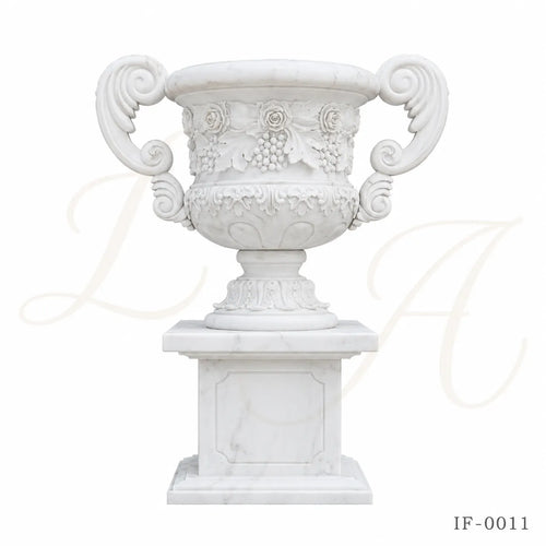 Hand-Carved White Marble Garden Urn Planter with Grape & Rose Relief