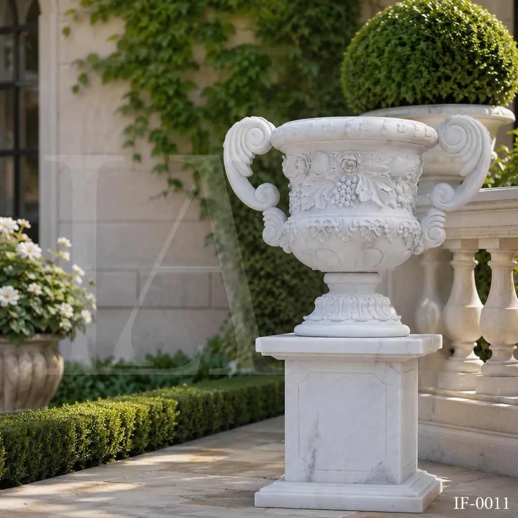 Hand-Carved White Marble Garden Urn Planter with Grape & Rose Relief