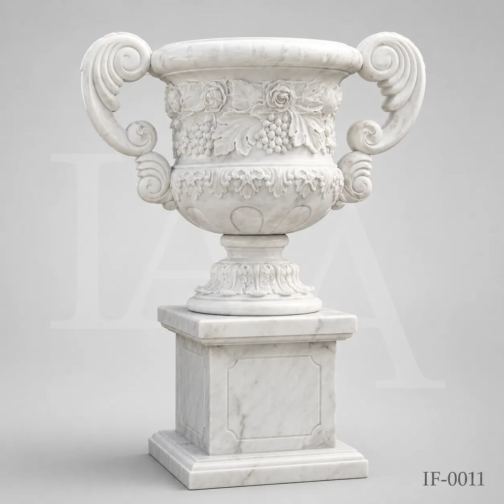 Hand-Carved White Marble Garden Urn Planter with Grape & Rose Relief