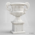 Hand-Carved White Marble Garden Urn Planter with Grape & Rose Relief