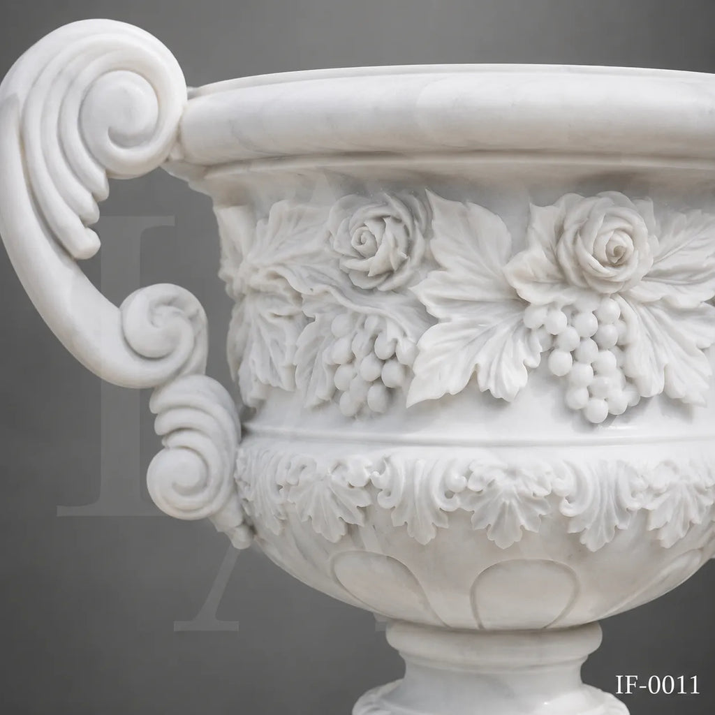 Hand-Carved White Marble Garden Urn Planter with Grape & Rose Relief