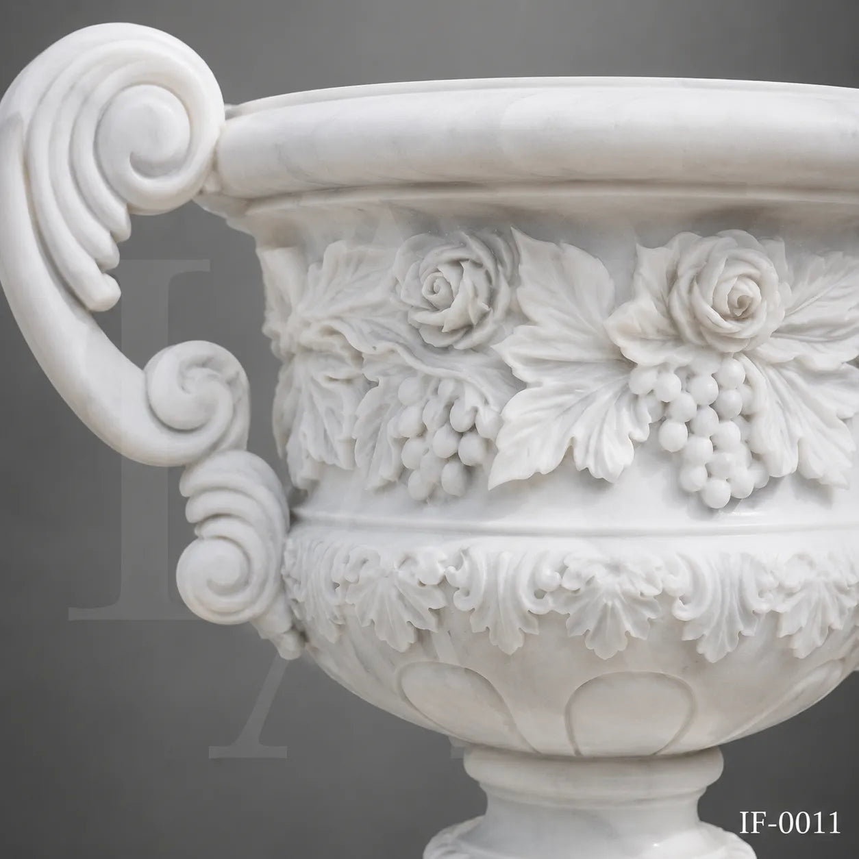 Hand-Carved White Marble Garden Urn Planter with Grape & Rose Relief