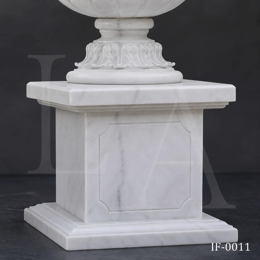 Hand-Carved White Marble Garden Urn Planter with Grape & Rose Relief