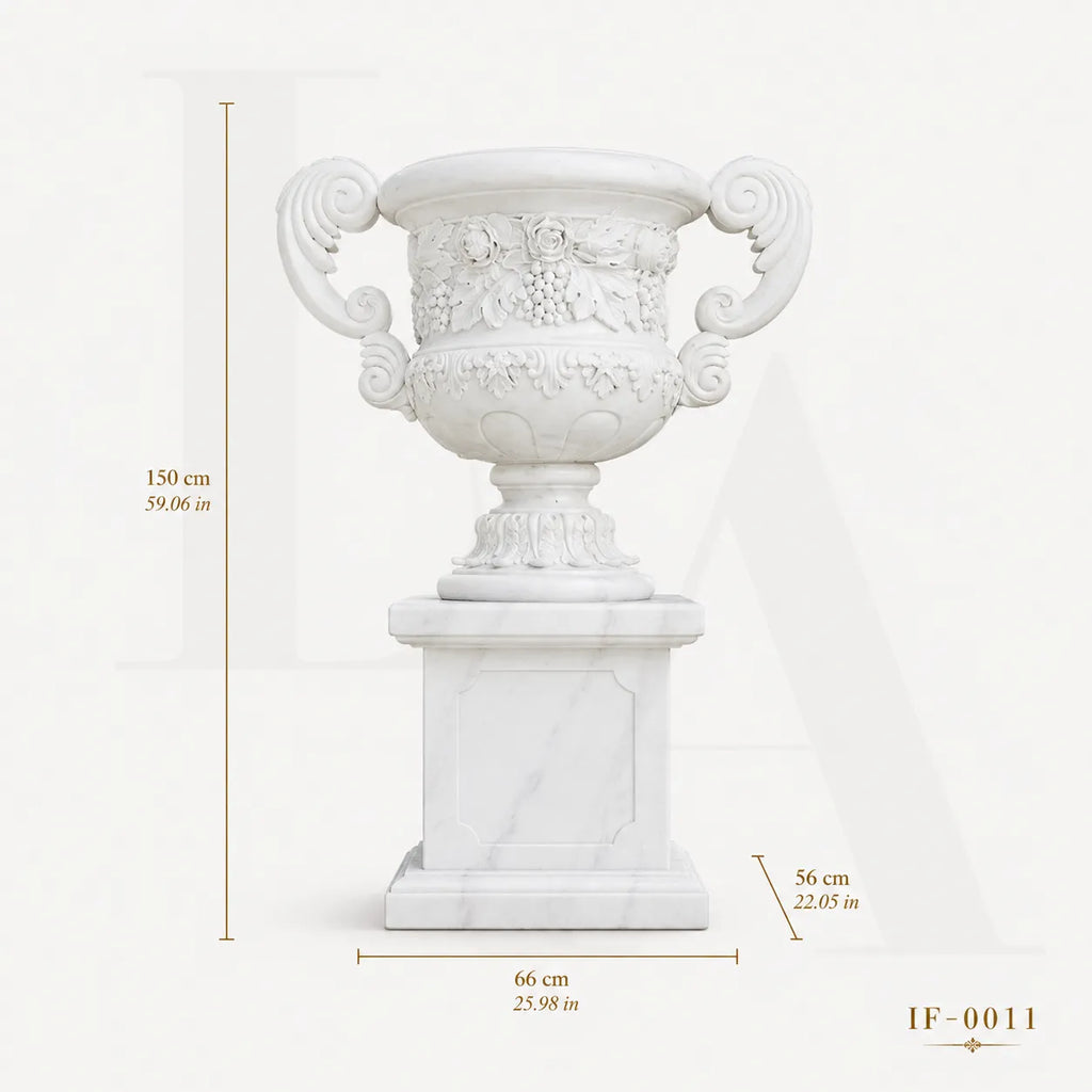 Hand-Carved White Marble Garden Urn Planter with Grape & Rose Relief