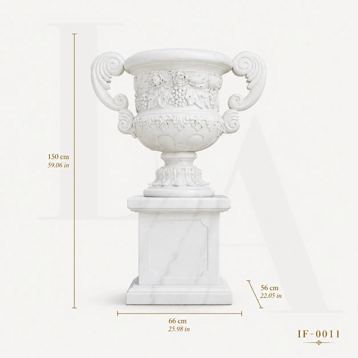 Hand-Carved White Marble Garden Urn Planter with Grape & Rose Relief