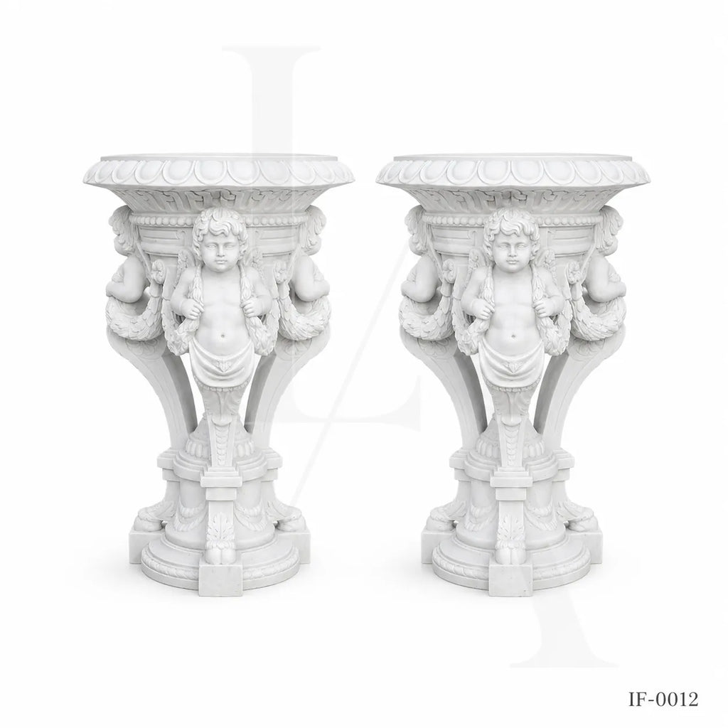 Hand-Carved White Marble Cherub Pedestal Planter Stand for Luxury Gardens