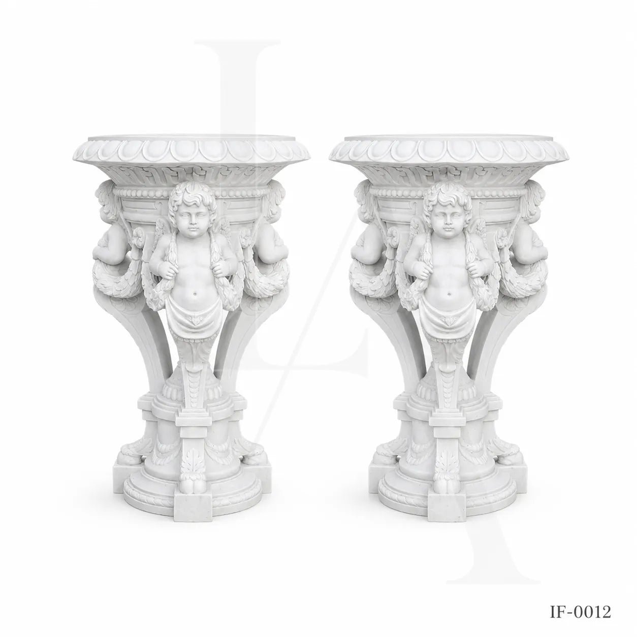 Hand-Carved White Marble Cherub Pedestal Planter Stand for Luxury Gardens