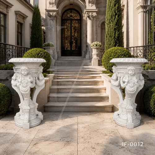 Hand-Carved White Marble Cherub Pedestal Planter Stand for Luxury Gardens