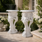 Hand-Carved White Marble Cherub Pedestal Planter Stand for Luxury Gardens
