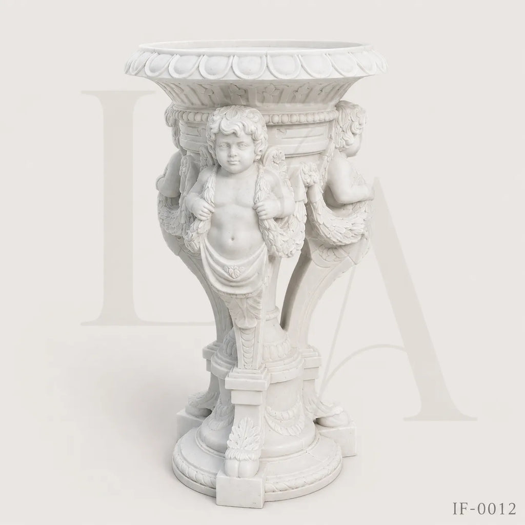 Hand-Carved White Marble Cherub Pedestal Planter Stand for Luxury Gardens