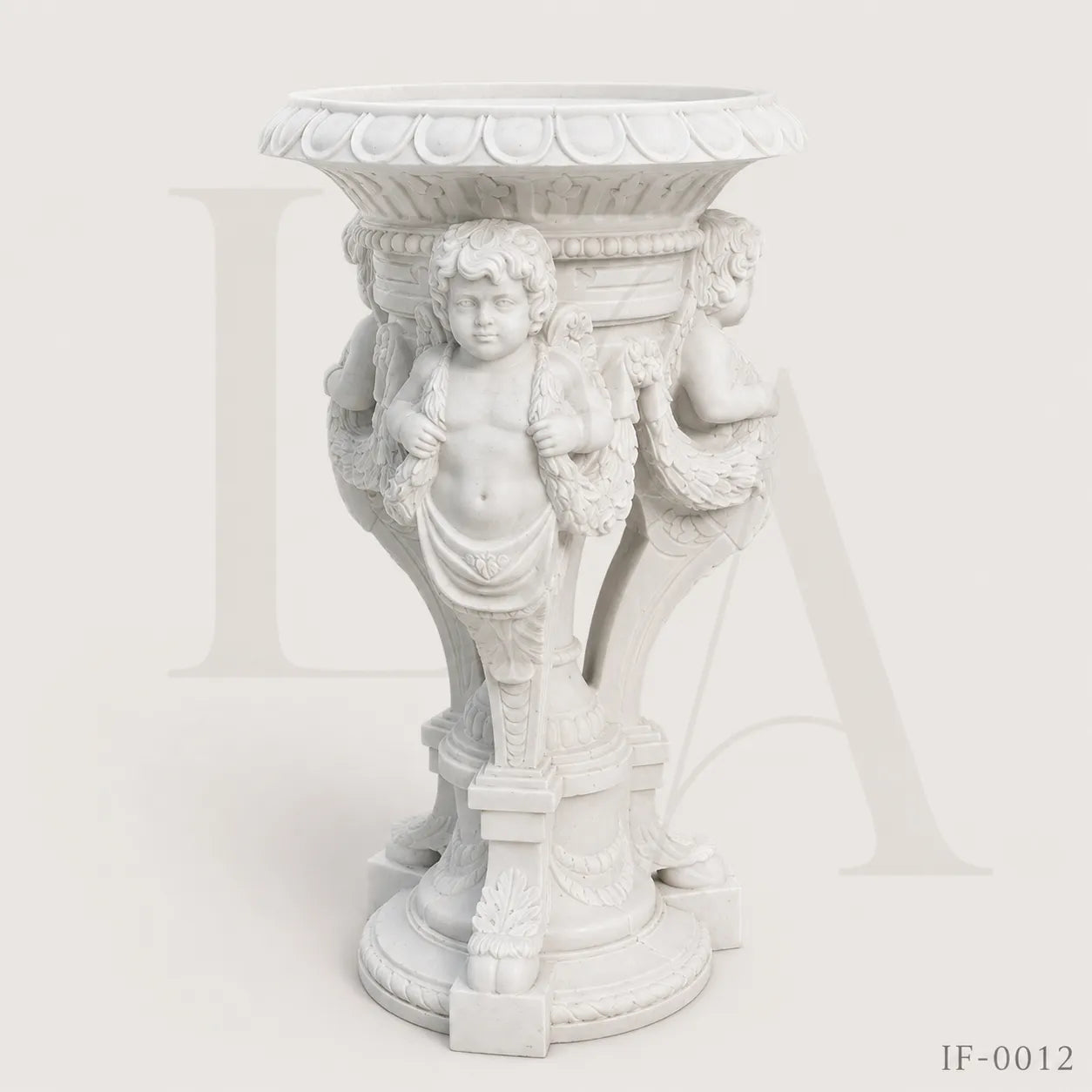 Hand-Carved White Marble Cherub Pedestal Planter Stand for Luxury Gardens
