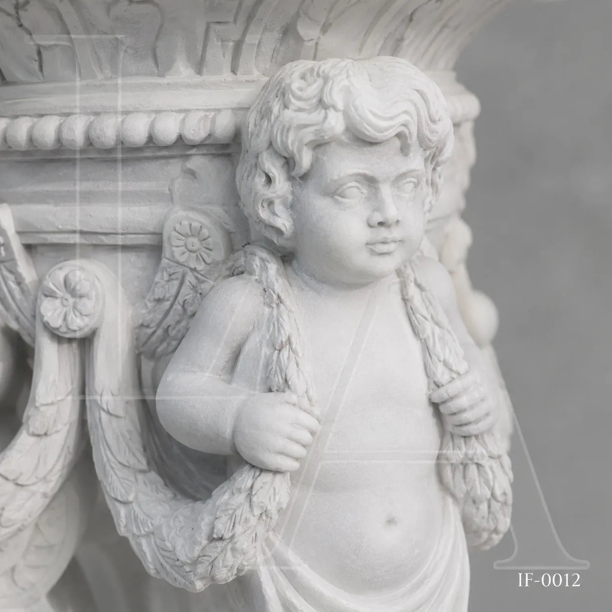 Hand-Carved White Marble Cherub Pedestal Planter Stand for Luxury Gardens