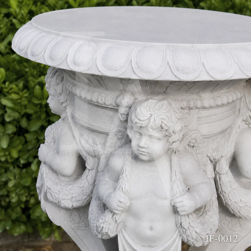 Hand-Carved White Marble Cherub Pedestal Planter Stand for Luxury Gardens
