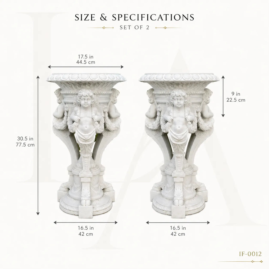 Hand-Carved White Marble Cherub Pedestal Planter Stand for Luxury Gardens