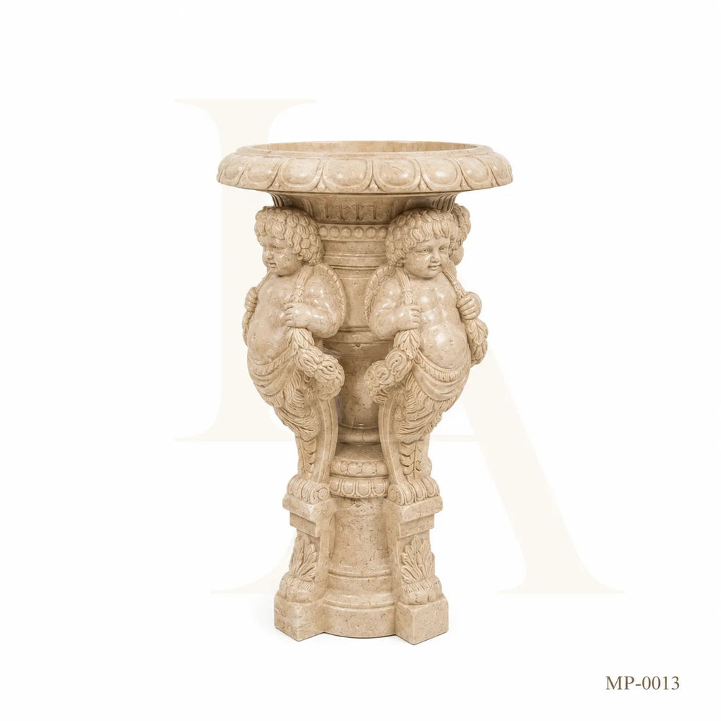Hand-Carved Beige Marble Cherub Pedestal Planter Stand