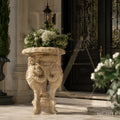 Hand-Carved Beige Marble Cherub Pedestal Planter Stand